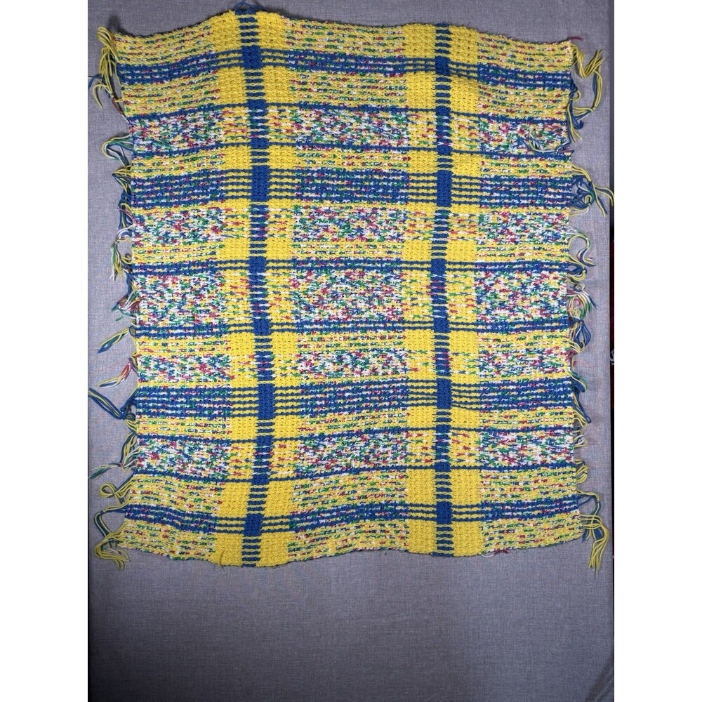 hand made grandma granny crochet Knit Blanket afghan throw 40x47 Blue Yellow